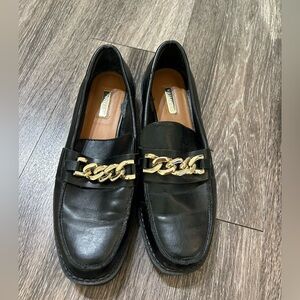 Primark Black Penny Loafers with Gold Chain Detail